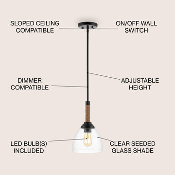 Alys 7.63" Adjustable Rope Wrap Modern Rustic Iron/Glass LED Pendant - JONATHAN Y
